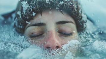 A woman with her eyes closed fully submerged in a partially frozen lake finding peace and calm amidst the harshness of the cold photo