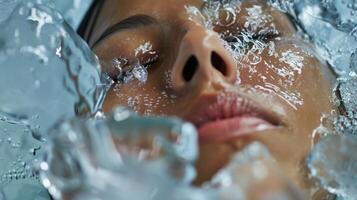A closeup of a persons face as they take a deep slow breath while practicing the an ice bath photo