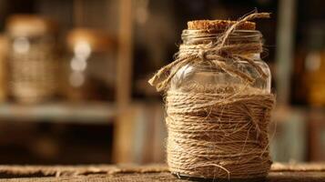 A spool of jute twine wrapped around a glass jar adds a rustic and sustainable touch to the packaging design photo