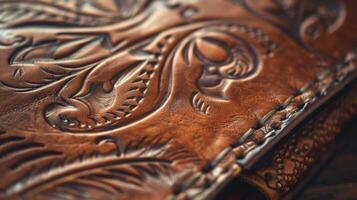 The intricate detailing and craftsmanship of a leather journal is evident in this closeup image. The grain of the leather is subtly embossed with a timeless design and the stitchin photo
