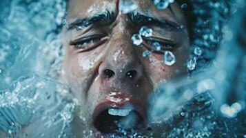 A closeup of a persons face as they react to the shock of submerging their body in cold water gasping for breath photo