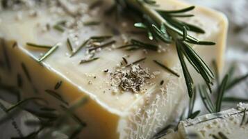 The rich texture of shea butter and crushed rosemary leaves can be seen in this photo evoking a sense of indulgence and luxury in a simple bar of soap