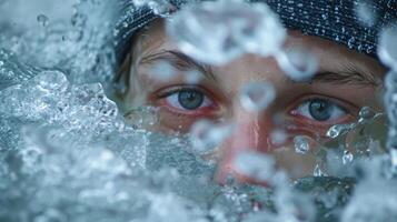 A closeup of a persons face as they lower themselves into a cold spring gasping at the shock of the freezing water photo