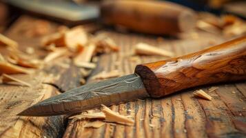 The textured grip of a wood carving knife its blade sharp as an arrow photo