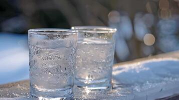 A pair of frozen glasses leftover from participants drinking ice cold water as part of the winter ice bath challenge photo