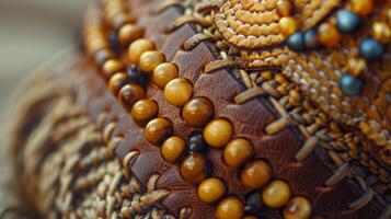 A leather bracelet is adorned with handstitched beads each one carefully p to create a unique and eyecatching design photo