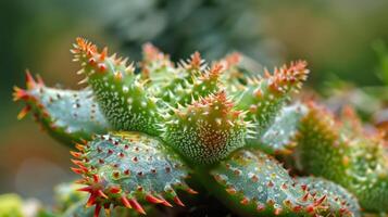 The spiky protruding tips of a succulent plant are showcased in a closeup photo showcasing its natural defense mechanism