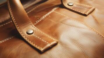 A closeup of a sustainable leather handbag reveals the highquality craftsmanship and durability of the material. The smooth supple texture and clean stitching make this accessory photo