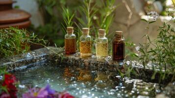 A collection of different herbal and essential oils each with their own unique healing properties p near an ice bath as a complimentary addition to the holistic treatment session photo