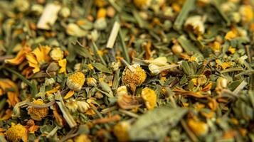 The contrast between the smooth and velvety texture of chamomile and the ly and sharp edges of dried thyme blended together in a herbal infusion mix for a unique and balanced flavor photo