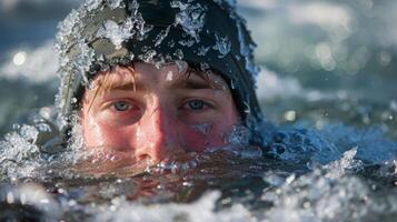 A participant posing for a photo while submerging themselves in the freezing water