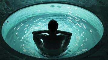 A person sitting on the edge of the tub psyching themselves up before taking the plunge photo