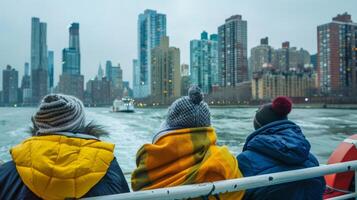 A group of tourists bundled up in blankets on a boat tour observing the citys skyline while cruising past cold waters photo