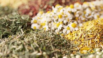 The diverse textures of loose leaf herbal tea ranging from fluffy and soft chamomile to co and woody rosemary creating a unique and flavorful herbal infusion photo