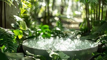 The ice bath surrounded by green plants adding a natural element to the guided meditation experience photo