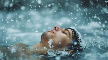 A person submerged in a crystalclear ice bath as the snow begins to fall around them photo