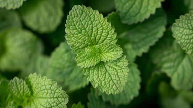 A macro shot of the fuzzy light green leaves of lemon balm showcasing the fine hairs that give it its soft texture photo
