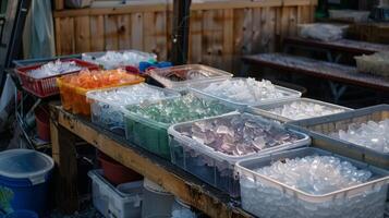 A table filled with various containers and bags of ice ready to be dumped into the bath photo