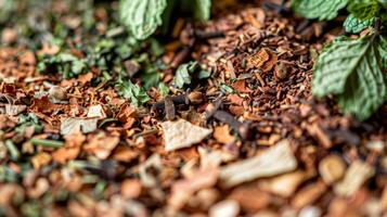 The varying shades of green and brown in a mix of herbs and es such as peppermint ginger and cloves used to create a refreshing and rejuvenating herbal infusion photo