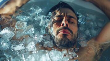 A man submerges himself in a bathtub filled with ice cubes his face contorted in both pain and relaxation photo