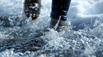 The sound of cracking ice as someone gingerly steps into a pool of freezing water their breath visible in the cold air photo