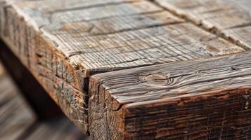 Closeup of a wooden coffee table displaying its rough and uneven surface adding to its rustic appeal photo
