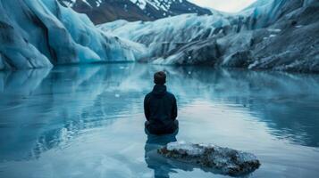 A man kneeling in a small pool of ice water visualizing himself as a calm and strong glacier photo