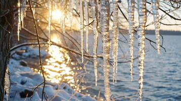 A row of icicles hanging from the branches of a tree near the lake glimmering in the sunlight photo
