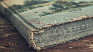 The cover of the book is made of a textured fabric with a faded illustration of a countryside scene. There are also small patches of discoloration adding to its vintage aesthetic photo
