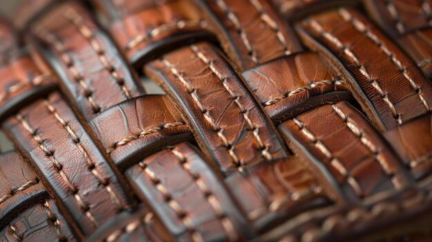 In this image we see the intricate weaving of leather strips to create a unique and stylish belt design. The stitching is hidden within the weave adding to the overall refined loo photo