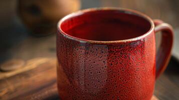 A closeup of a handmade ceramic mug with a smooth speckled finish and a vibrant deep red glaze photo