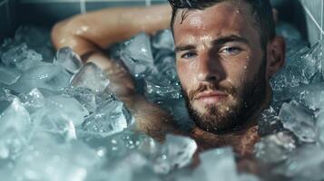 A professional soccer player leans back comfortably in an ice bath a look of determination on his face photo