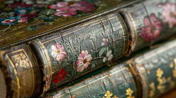 A closeup of the spine shows intricate floral patterns and gold leaf detailing. There are also small imprints of previous owners names and dates giving a glimpse into the books past photo
