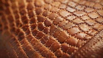 In this image we see the unique grain of a leather handbag up close. The natural variations in the pattern give the bag a oneofakind feel while the precise stitching ensures its longevity photo