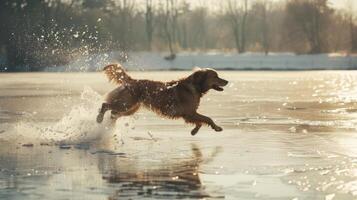 A dog eagerly and fearlessly jumping into the frozen lake chasing after a thrown toy photo
