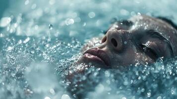 A person holding their breath as they slowly submerge their body into an ice bath at a high altitude photo