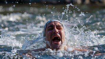 A swimmer emerges from the water gasping for breath and laughing with pure joy at the experience photo