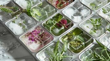 A textured ice cube tray each cube meticulously made with different herbs and es ready to be added to a cold bath to enhance the breathing experience photo