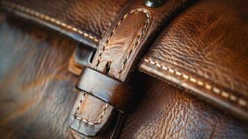 This image captures the fine craftsmanship of a leather briefcase with a closeup of the grain and stitching on the handle. The deep brown color of the leather exudes professionalis photo