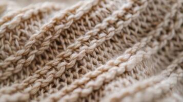 The intricate pattern of the knit work on a sustainable cashmere sweater is visible in a closeup with each stitch carefully exeed by hand. The unparalleled softness and warmth of thi photo