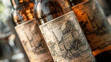 A closeup of the label on a craft beer bottle showcasing a handdrawn illustration of a local landmark. The label is designed to celebrate the brewerys roots and connection to the photo