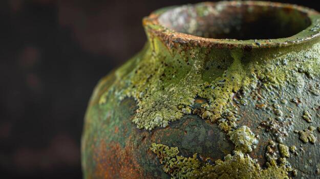 The smooth curves and rustic texture of a clay vase adorned with a striking green glaze that mimics the natural tones and patterns of moss photo