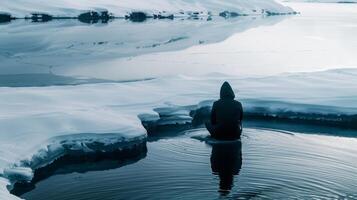 A lone figure sitting in a secluded ice pool surrounded by the silence of a winter wonderland photo
