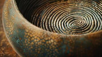The unique and organic markings on a stoneware bowl created by the artists fingerprints as they molded and shaped the piece by hand photo