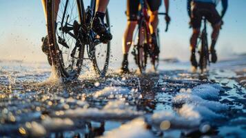 A group of cyclists ending their ride with a dip in a nearby icecold lake rejuvenating their tired muscles photo
