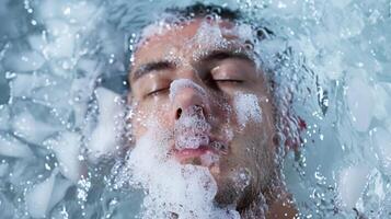 A man lying back in an ice bath his face covered with a soothing blend of peppermint and chamomile oils photo