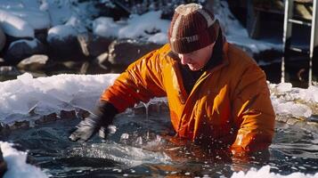 A coach or instructor dressed in warm winter clothing demonstrating proper techniques for entering and exiting the ice bath photo