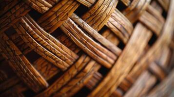 A closeup of a handwoven wicker basket reveals a delicate herringbone pattern crafted with precision and attention to detail photo