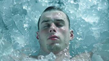 A person submerged in an ice bath their muscles tense as they endure the frigid water in order to increase their endurance photo