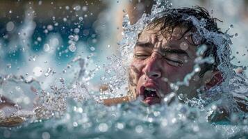 A rugby player plunging into a cold pool after a tough practice the shock of the water making them gasp but also rejuvenating their body photo
